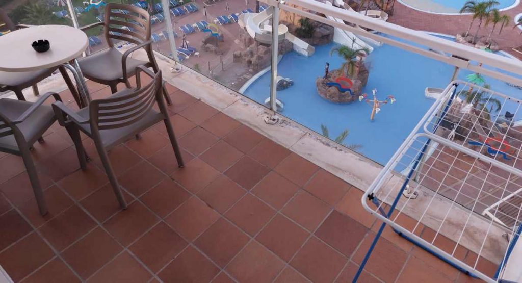 Costa Encantada Hotel, Lloret de Mar review - photo of our balcony which had four chairs, table and clothes airer