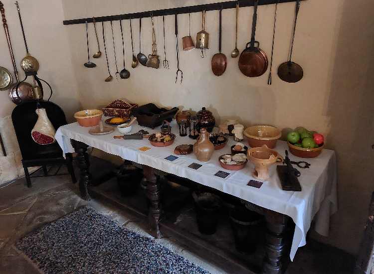 East Riddlesden Hall Family Visit Review - The kitchen and dining room contain realistic replica food and original period cookware